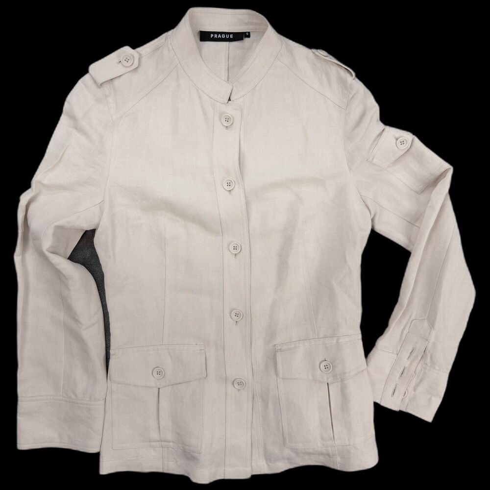 Prague Linen Jacket Womens Small Ivory Band Collar Button Utility